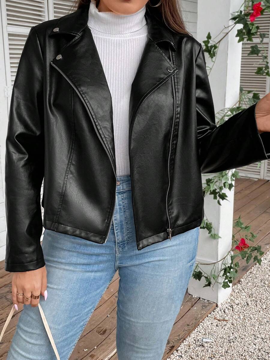 SHEIN CURVE+ Talla grande Cazadora de moto con cremallera de mirada - Negro - Ver 1