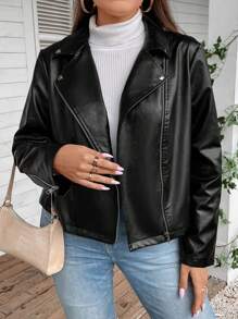 SHEIN CURVE+ Talla grande Cazadora de moto con cremallera de mirada - Negro - Ver 3