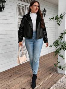SHEIN CURVE+ Talla grande Cazadora de moto con cremallera de mirada - Negro - Ver 5