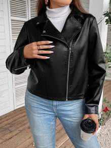SHEIN CURVE+ Talla grande Cazadora de moto con cremallera de mirada - Negro - Ver 6