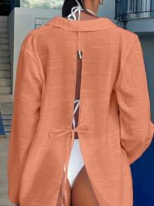 Summer Tie Back Open Front Kimono - Coral Orange - View 1
