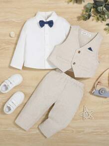 SHEIN Leap Crew Baby Boy Bow Front Shirt & Vest Jacket & Trousers - Multicolor - View 2
