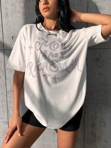 SHEIN Unity 水鑽字母圖案落肩T恤 - 白色 - 查看 2
