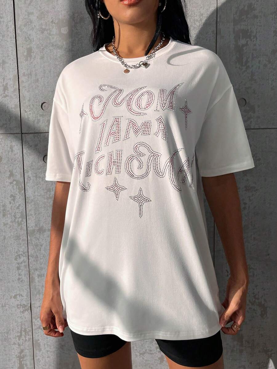 SHEIN Unity 水鑽字母圖案落肩T恤 - 白色 - 查看 1