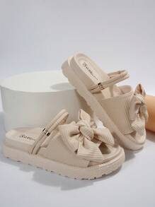 Xăng-đan đeo nhiều chiều trang trí nơ cho nữ, Xăng-đan đế bằng Polyester Slingback thời trang mùa hè - Màu be - Xem 5
