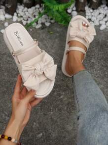 Xăng-đan đeo nhiều chiều trang trí nơ cho nữ, Xăng-đan đế bằng Polyester Slingback thời trang mùa hè - Màu be - Xem 6