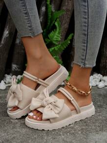 Xăng-đan đeo nhiều chiều trang trí nơ cho nữ, Xăng-đan đế bằng Polyester Slingback thời trang mùa hè - Màu be - Xem 7