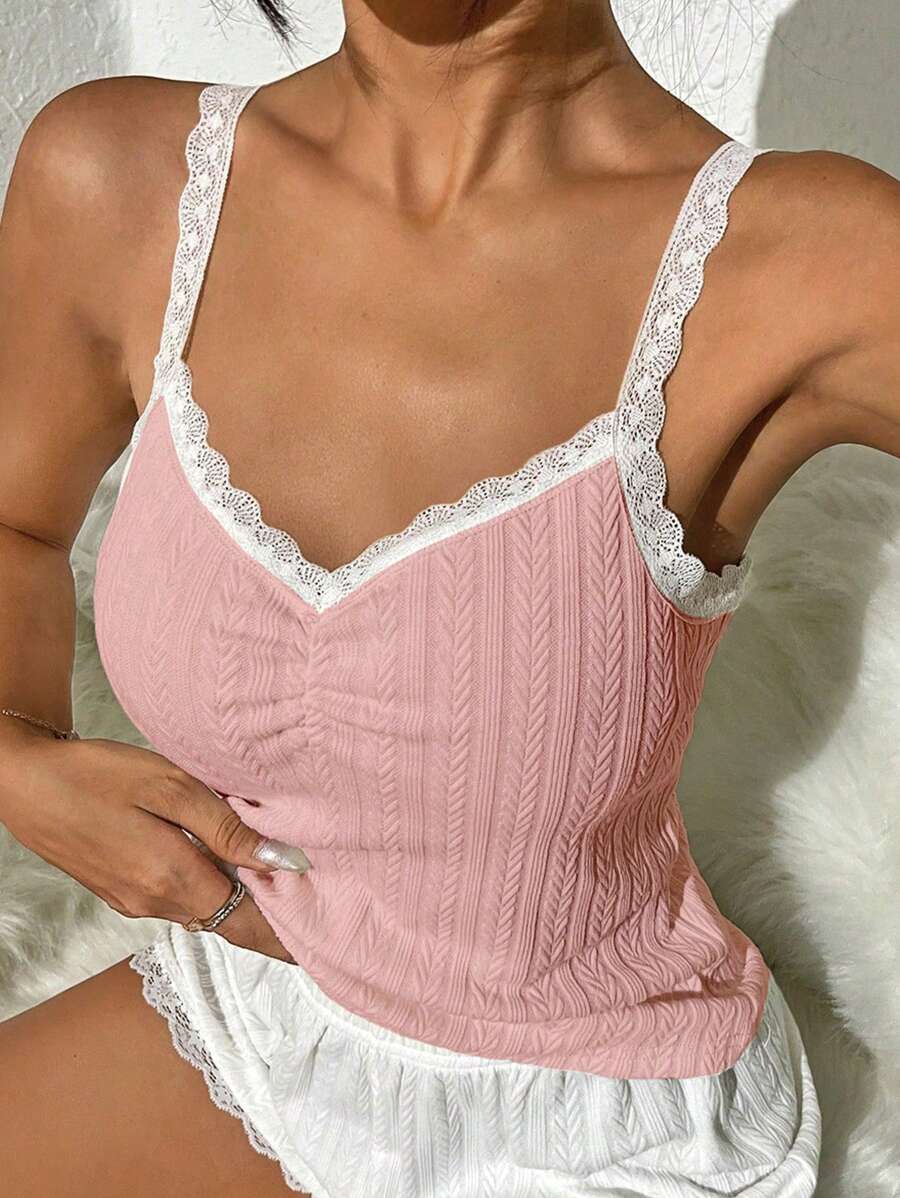 SHEIN Contrast Lace Ruched Bust Lace Trim Sleep Cami Top - Pink - View 1