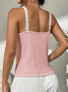 SHEIN Contrast Lace Ruched Bust Lace Trim Sleep Cami Top - Pink - View 2