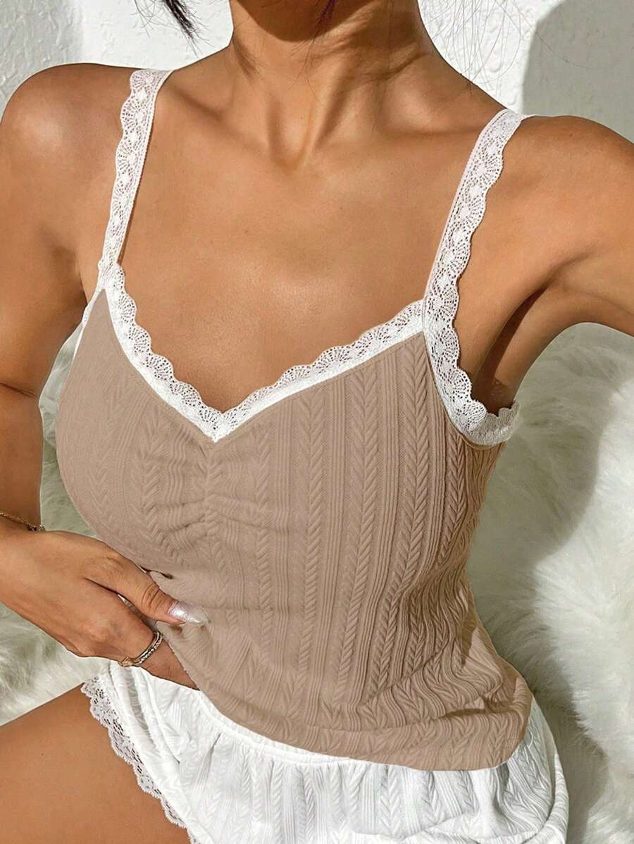 SHEIN Contrast Lace Ruched Bust Lace Trim Sleep Cami Top - Khaki - View 1