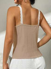 SHEIN Contrast Lace Ruched Bust Lace Trim Sleep Cami Top - Khaki - View 2