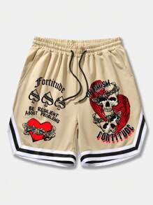 ROMWE MEN Prep Men Skull & Letter Graphic Striped Trim Drawstring Waist Shorts, School - Khaki - View 1