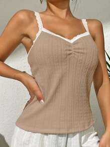 SHEIN Contrast Lace Ruched Bust Lace Trim Sleep Cami Top - Khaki - View 6