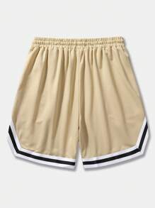 ROMWE MEN Prep Men Skull & Letter Graphic Striped Trim Drawstring Waist Shorts, School - Khaki - View 2