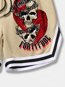 ROMWE MEN Prep Men Skull & Letter Graphic Striped Trim Drawstring Waist Shorts, School - Khaki - View 6