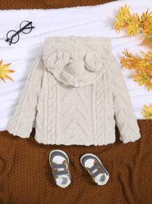 SHEIN 男婴休闲提花保暖内衬连帽长袖加厚外套 - 米色 - 查看 2