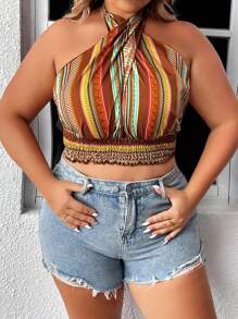 Dreamara 大碼幾何印花十字交叉後背繫帶掛脖上衣 - 彩色 - 查看 3