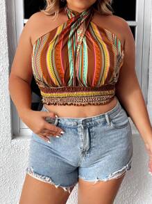 Dreamara 大碼幾何印花十字交叉後背繫帶掛脖上衣 - 彩色 - 查看 6