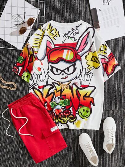 Guys Cartoon & Letter Graphic Drop Shoulder Tee & Shorts