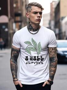 Männer T-Shirt mit Buchstaben & Blatt Muster, - Weiss - Übersicht 1