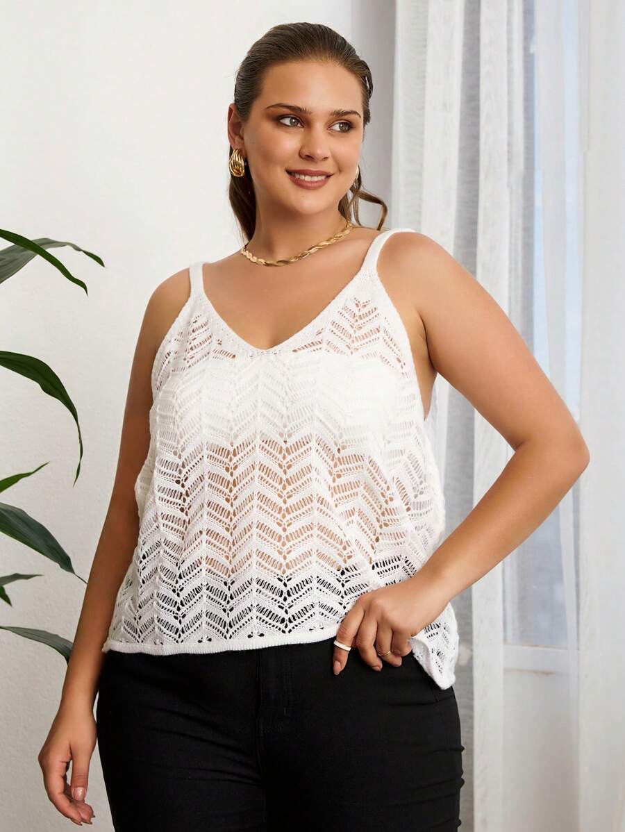 RueChic Plus Solid Pointelle Knit Cami Cover Up Without Bra, For Summer Beach Vacation - White - View 1