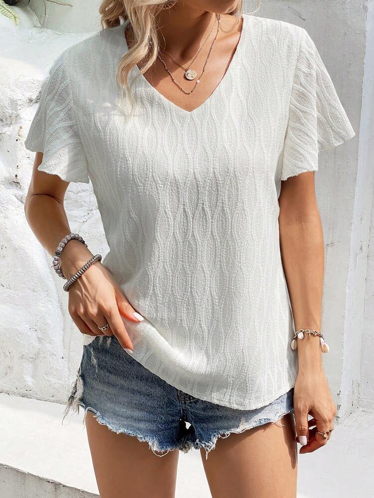 SHEIN VCAY Solid V Neck Butterfly Sleeve Blouse - Apricot - View 6