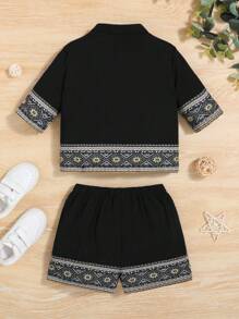 SHEIN 男嬰地理印花開襟外套和短褲（無 T 卹）「兄弟姐妹裝」（3 件單獨出售） - 黑色 - 查看 2