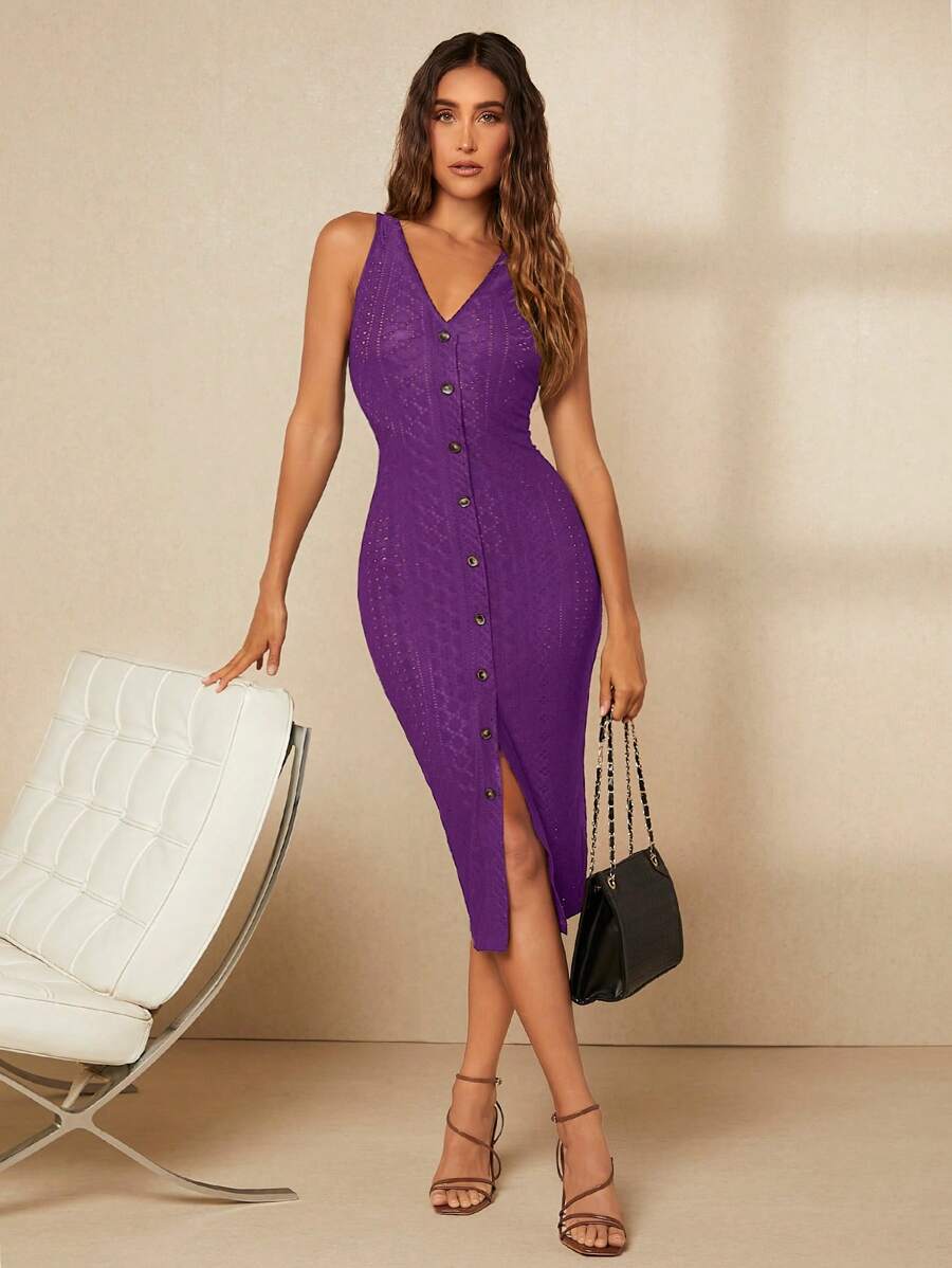 SHEIN Essnce Vestido con botón de punto de malla - Morado Violeta - Ver 1