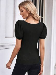 SHEIN Privé Camiseta de cuello cuadrado de manga farol - Negro - Ver 2