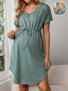 SHEIN Maternity Drawstring Waist Curved Hem Nursing Dress - Mint Green - View 1