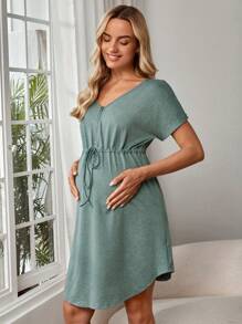 SHEIN Maternity Drawstring Waist Curved Hem Nursing Dress - Mint Green - View 3