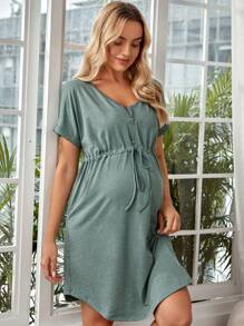 SHEIN Maternity Drawstring Waist Curved Hem Nursing Dress - Mint Green - View 6
