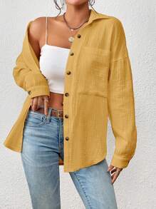 SHEIN Essnce 落肩袖口袋貼布前紐扣襯衫 - 黃色 - 查看 1
