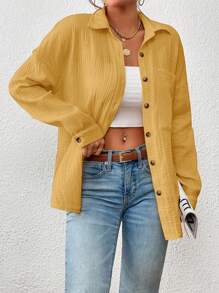 SHEIN Essnce 落肩袖口袋貼布前紐扣襯衫 - 黃色 - 查看 3