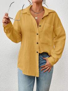 SHEIN Essnce 落肩袖口袋貼布前紐扣襯衫 - 黃色 - 查看 4