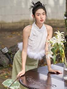 DAZY 提花毛茸邊紐扣細節無袖襯衫 - 白色 - 查看 3