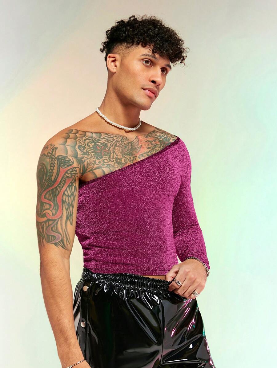 FeverCity Men One Shoulder Glitter Tee - Rose Red - View 1