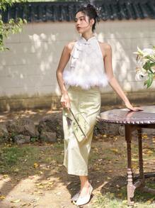 DAZY 提花毛茸邊紐扣細節無袖襯衫 - 白色 - 查看 4