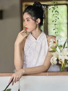 DAZY 提花毛茸邊紐扣細節無袖襯衫 - 白色 - 查看 5