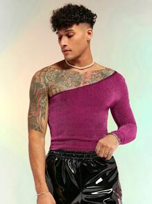FeverCity Men One Shoulder Glitter Tee - Rose Red - View 4