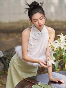 DAZY 提花毛茸邊紐扣細節無袖襯衫 - 白色 - 查看 6