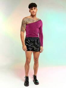 FeverCity Men One Shoulder Glitter Tee - Rose Red - View 5