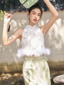 DAZY 提花毛茸邊紐扣細節無袖襯衫 - 白色 - 查看 7