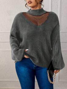 SHEIN LUNE Plus Contrast Mesh Mock Neck Drop Shoulder Sweater, For Winter Knit Pullover Fall Autumn - Dark Grey - View 1