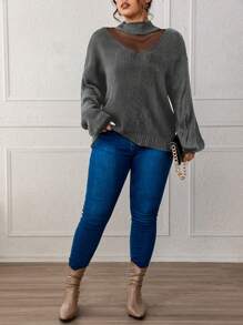 SHEIN LUNE Plus Contrast Mesh Mock Neck Drop Shoulder Sweater, For Winter Knit Pullover Fall Autumn - Dark Grey - View 3