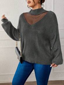 SHEIN LUNE Plus Contrast Mesh Mock Neck Drop Shoulder Sweater, For Winter Knit Pullover Fall Autumn - Dark Grey - View 4