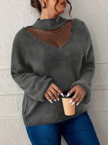 SHEIN LUNE Plus Contrast Mesh Mock Neck Drop Shoulder Sweater, For Winter Knit Pullover Fall Autumn - Dark Grey - View 5