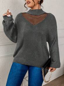 SHEIN LUNE Plus Contrast Mesh Mock Neck Drop Shoulder Sweater, For Winter Knit Pullover Fall Autumn - Dark Grey - View 6
