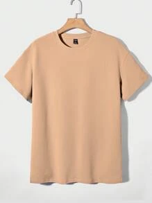 Manfinity RebelGame 男士休闲简约纯色落肩 T 恤 - 卡其色 - 查看 2