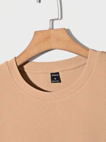 Manfinity RebelGame 男士休闲简约纯色落肩 T 恤 - 卡其色 - 查看 5